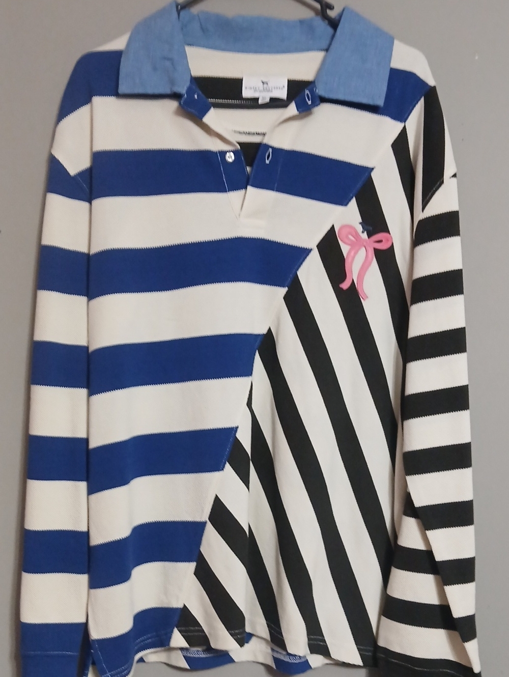 Simply Southern Blue, Black & White Striped Long-Sleeve Polo with Pink Bow